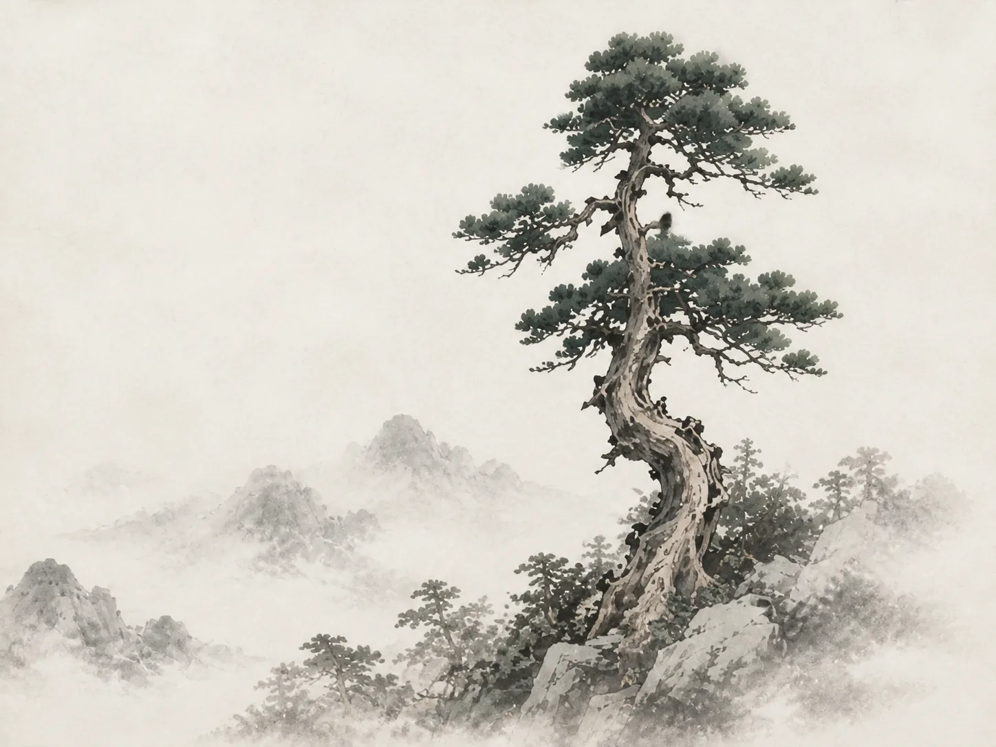 Ink-wash pine tree, representing the Yang Wood (Jia) Day Master, The Pioneer