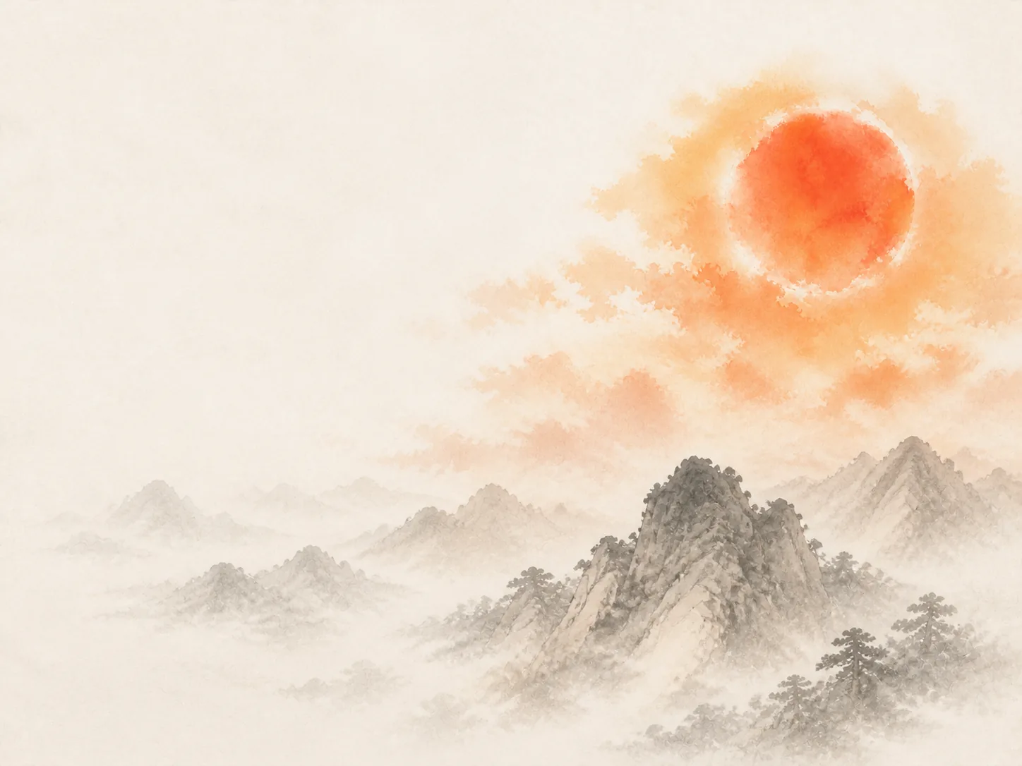 Ink-wash red sun over misty mountains, representing the Yang Fire (Bing) Day Master, The Radiant