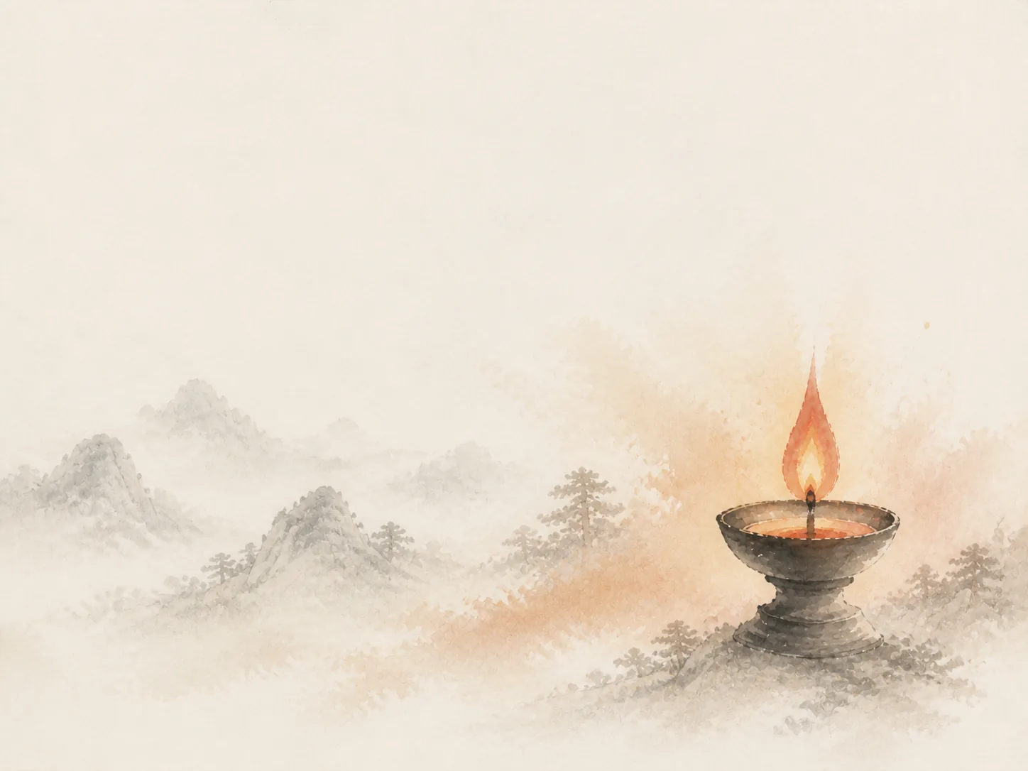 Ink-wash oil lamp with a single flame among misty hills, representing the Yin Fire (Ding) Day Master, The Keeper of Light
