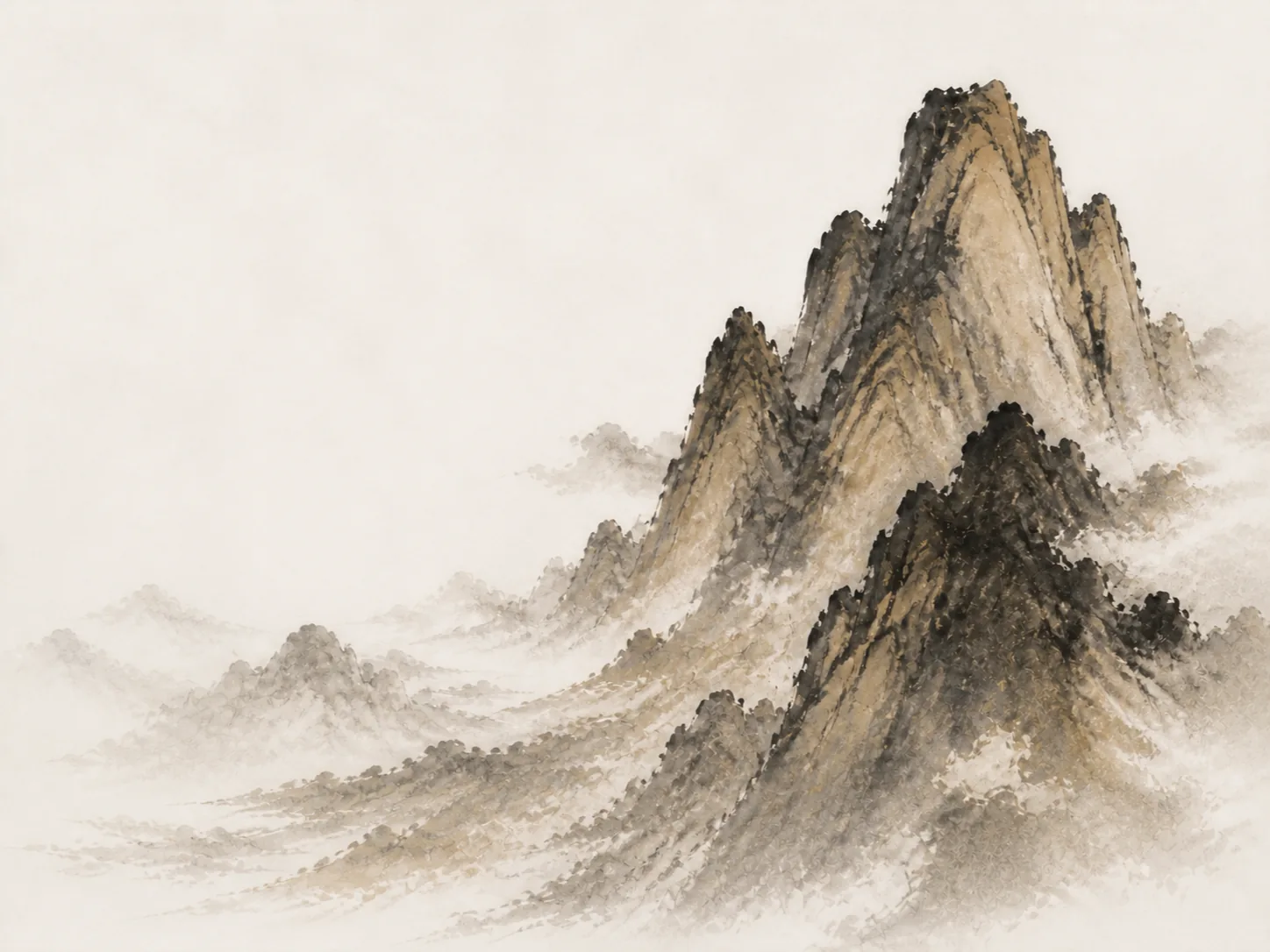 Ink-wash mountain peaks rising through mist, representing the Yang Earth (Wu) Day Master, The Mountain