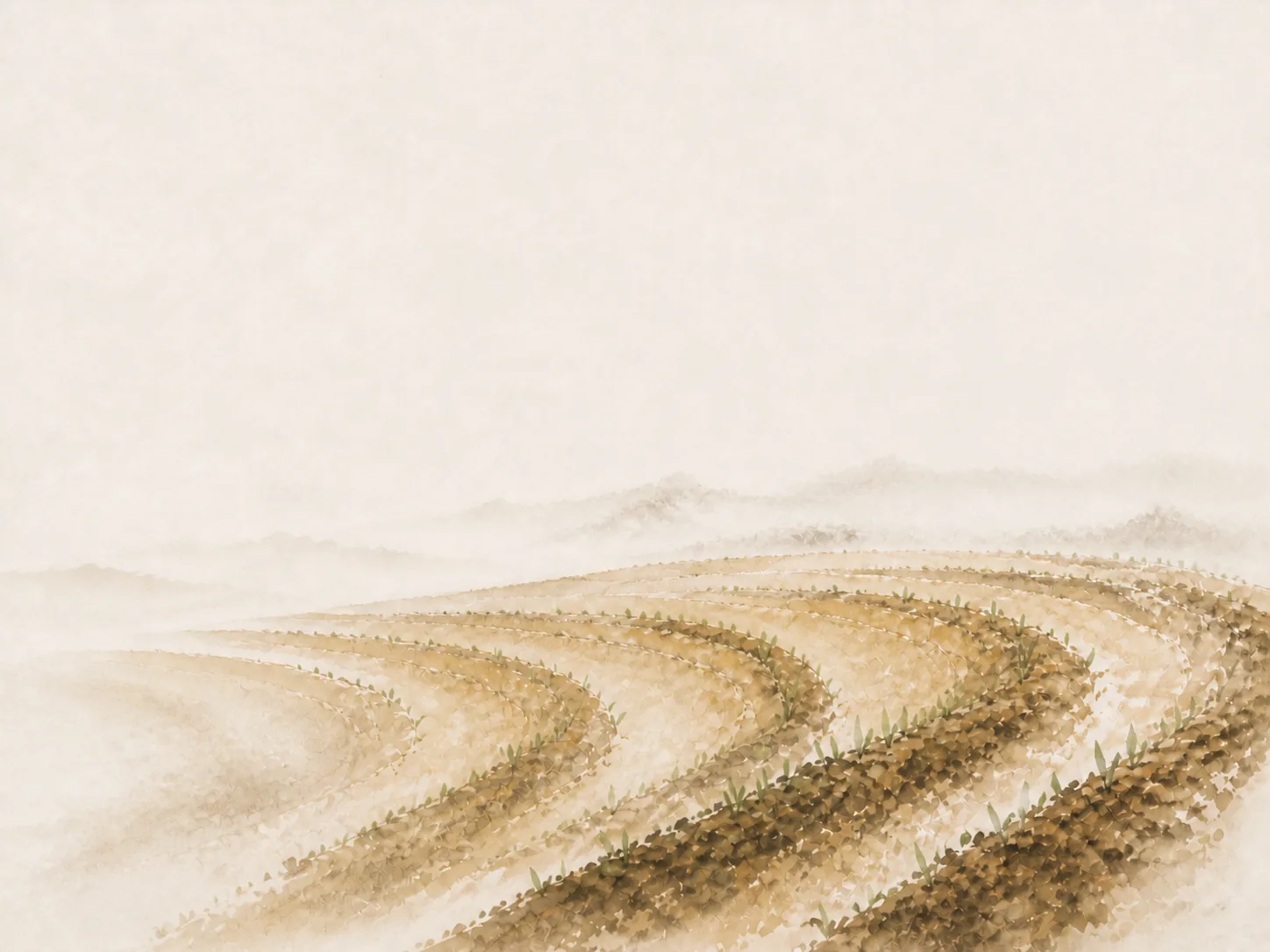 Ink-wash furrowed field, representing the Yin Earth (Ji) Day Master, The Cultivator
