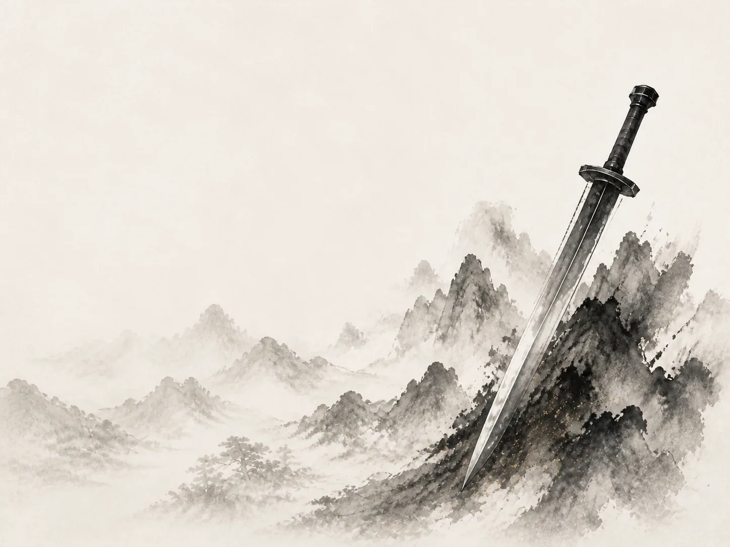 Ink-wash sword standing among mountain peaks, representing the Yang Metal (Geng) Day Master, The Blade