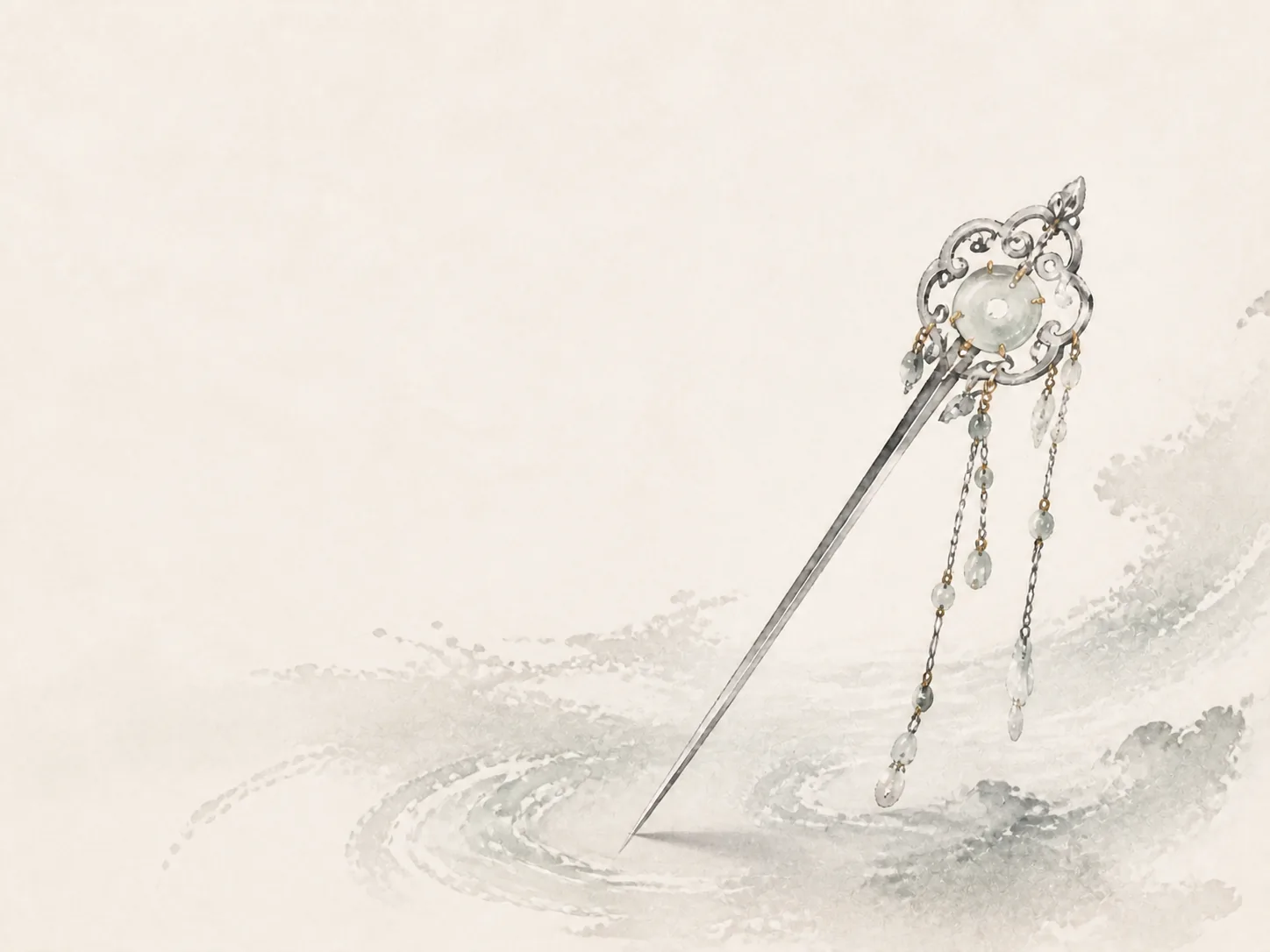 Ink-wash silver hairpin with jade ornament, representing the Yin Metal (Xin) Day Master, The Refiner