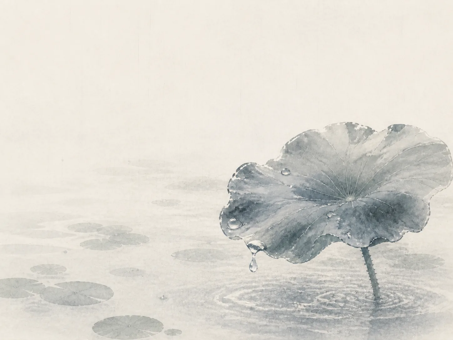Ink-wash lotus leaf with a falling dewdrop, representing the Yin Water (Gui) Day Master, The Quiet Rain
